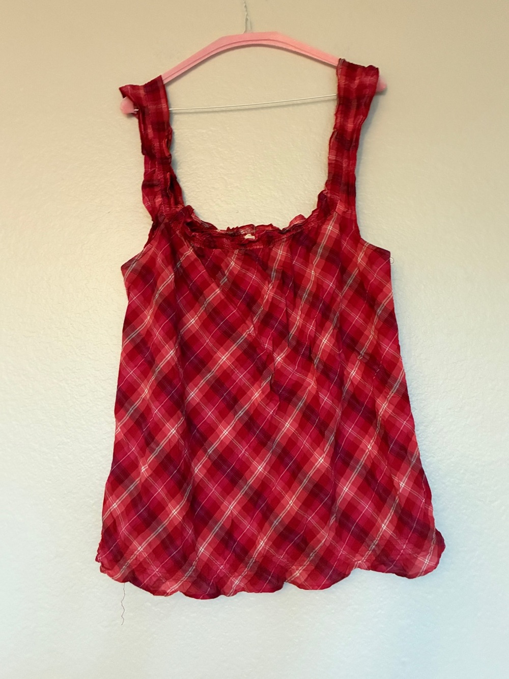 OP 100% Cotton XL Red/Magenta/White Plaid Scoop Neck Lace-Trim Women’s Tank Top